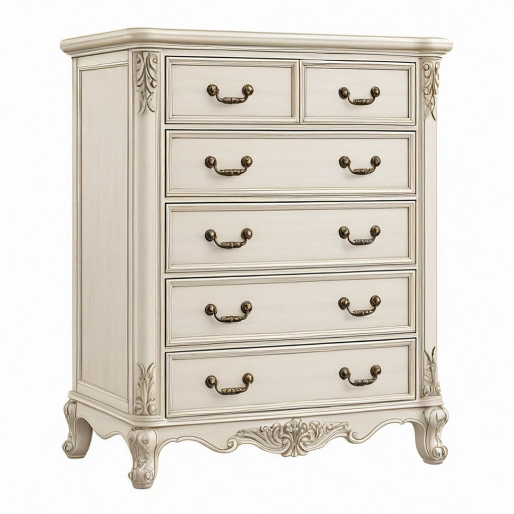 Cassettiera 110 x 45 x 125 cm in legno bianco crema a 6 cassetti stile classico
