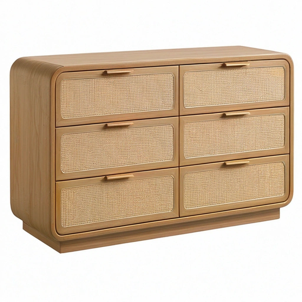 Cassettiera 120 x 45 x 85 cm in legno marrone con sei cassetti in rattan stile naturale