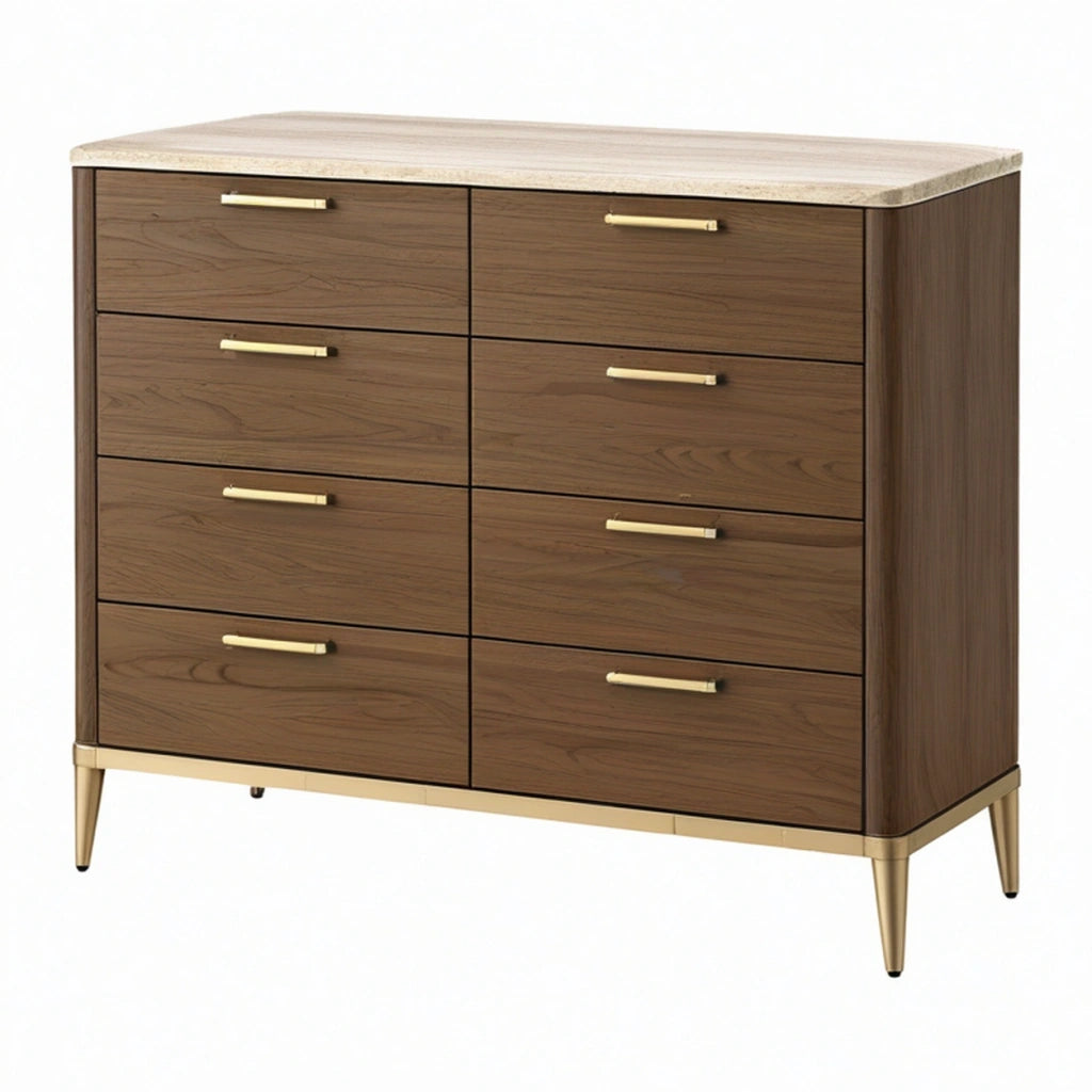 Cassettiera 140 x 45 x 95 cm effetto legno noce con 8 cassetti e dettagli dorati