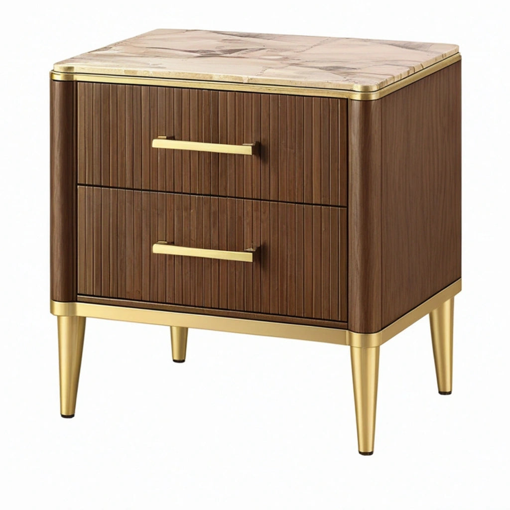 Comodino 50 x 40 x 60 cm in legno marrone con piano effetto marmo - 2 cassetti stile moderno
