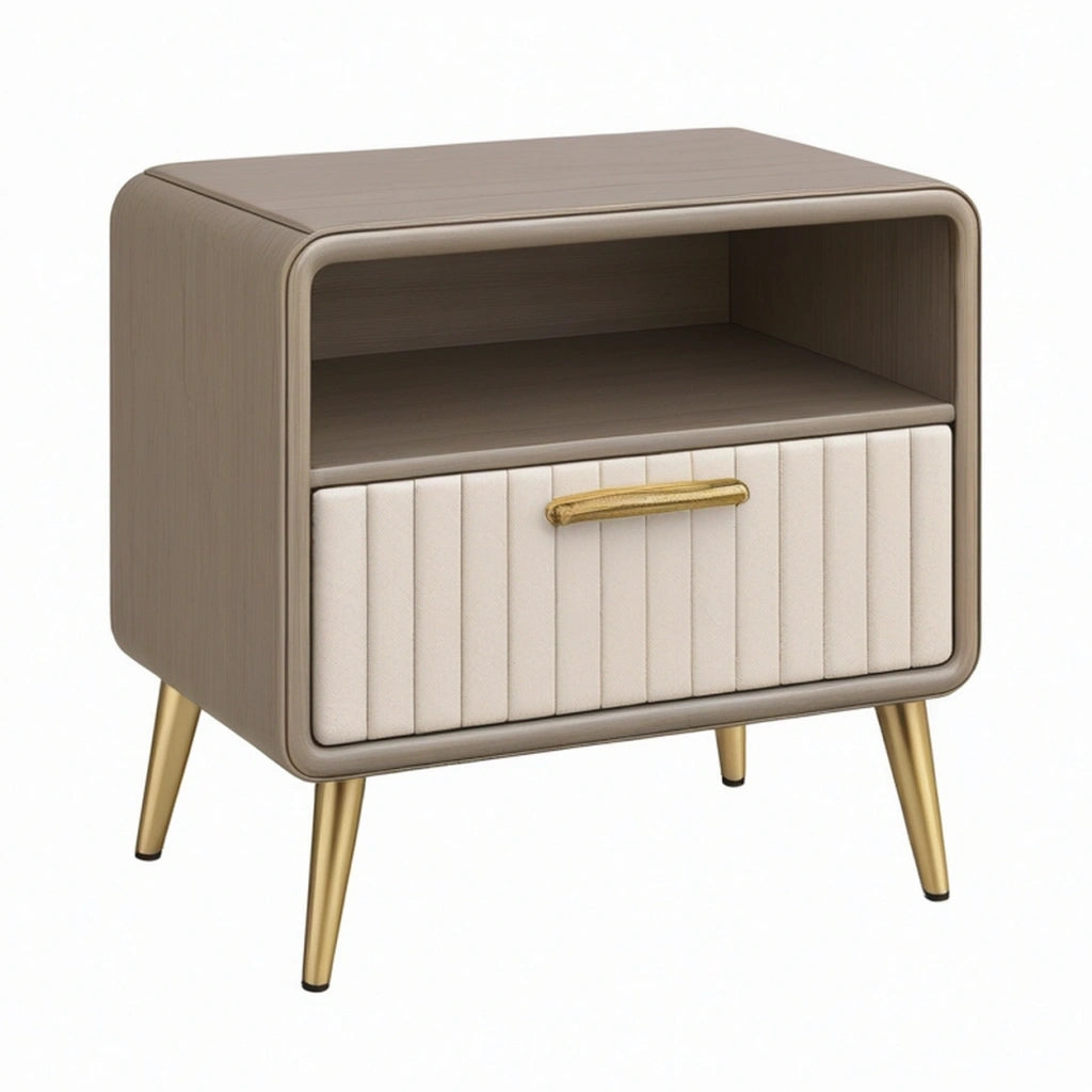 Comodino 45 x 40 x 55 cm in legno marrone tortora con cassetto imbottito e vano aperto