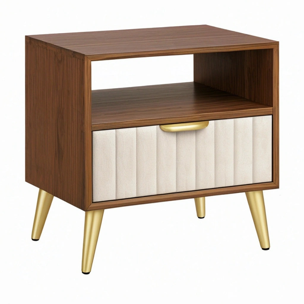 Comodino 50 x 40 x 60 cm in legno marrone e beige con cassetto imbottito stile moderno