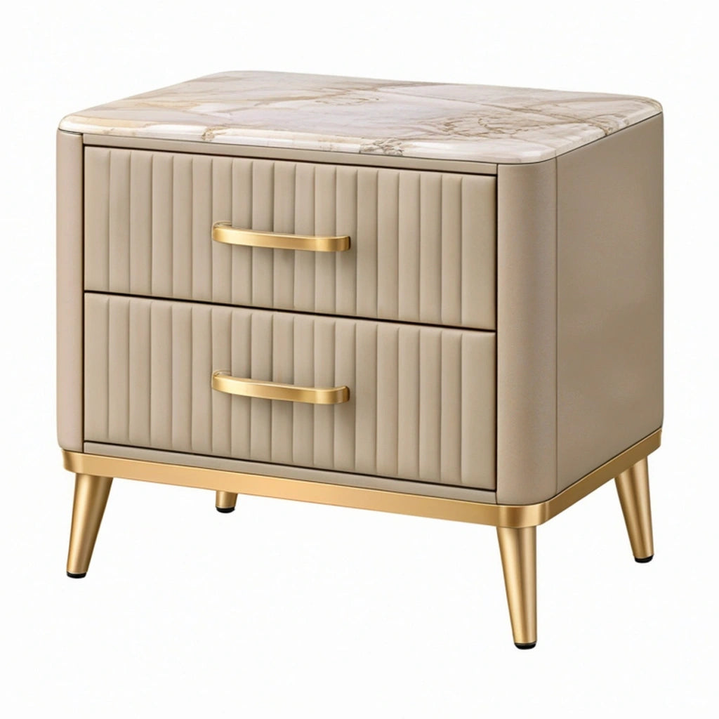 Comodino 50 x 40 x 55 cm in similpelle beige con piano effetto marmo - 2 cassetti stile moderno