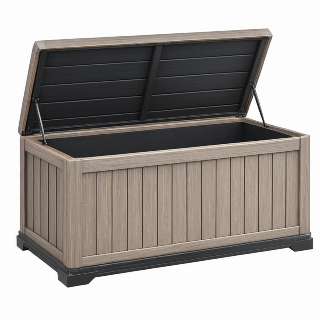 Baule contenitore da esterno 120 x 61 x 65 cm in resina effetto legno grigio con coperchio sollevabile