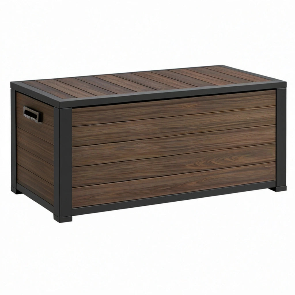 Cassapanca contenitore da esterno 120 x 60 x 65 cm in metallo e pannelli effetto legno marrone con telaio nero - stile moderno