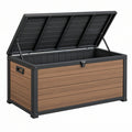 Baule contenitore da esterno 120 x 60 x 63 cm in acciaio e pannelli effetto legno marrone nero con coperchio sollevabile