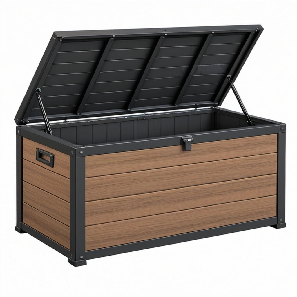 Baule contenitore da esterno 120 x 60 x 63 cm in acciaio e pannelli effetto legno marrone nero con coperchio sollevabile