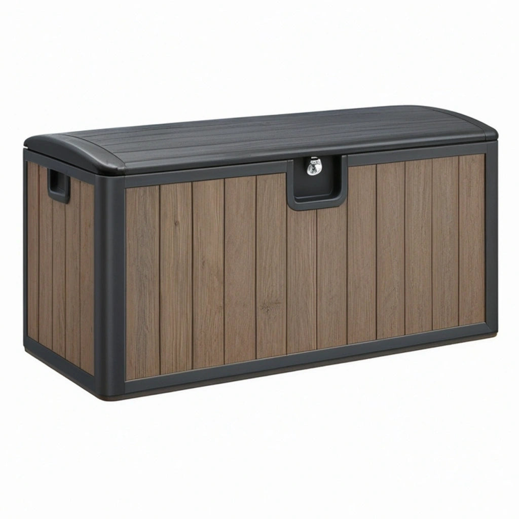 Baule contenitore da esterno 120 x 60 x 60 cm in polipropilene marrone e nero effetto legno con coperchio
