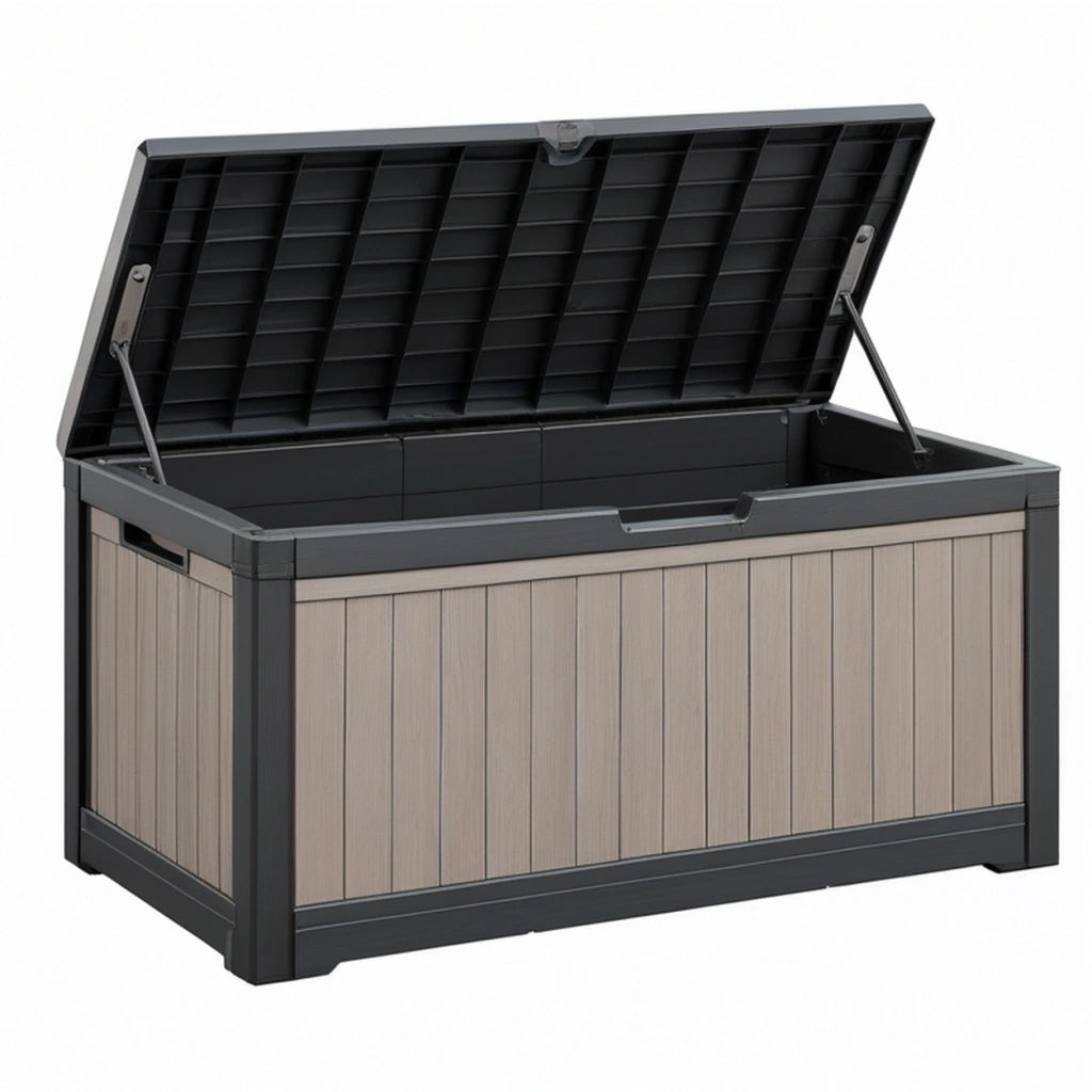 Cassapanca da esterno 120 x 55 x 60 cm in resina grigio tortora e nero con coperchio sollevabile