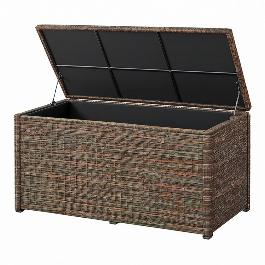 Baule contenitore 120 x 50 x 60 cm in rattan sintetico marrone con coperchio sollevabile