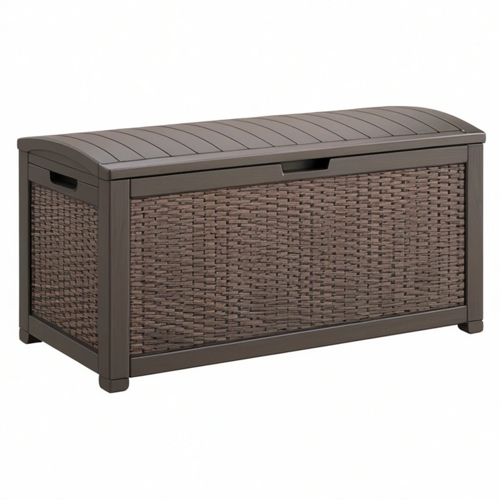 Baule contenitore da esterno 120 x 55 x 60 cm in resina marrone effetto rattan con coperchio