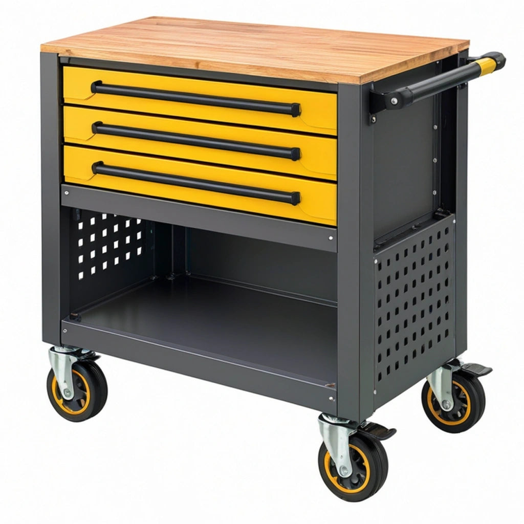 Carrello portautensili 85 x 45 x 90 cm in acciaio nero e giallo con piano in legno e 3 cassetti