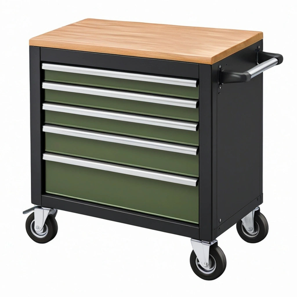 Carrello portautensili 76 x 46 x 90 cm in acciaio nero e verde con piano in legno e 5 cassetti