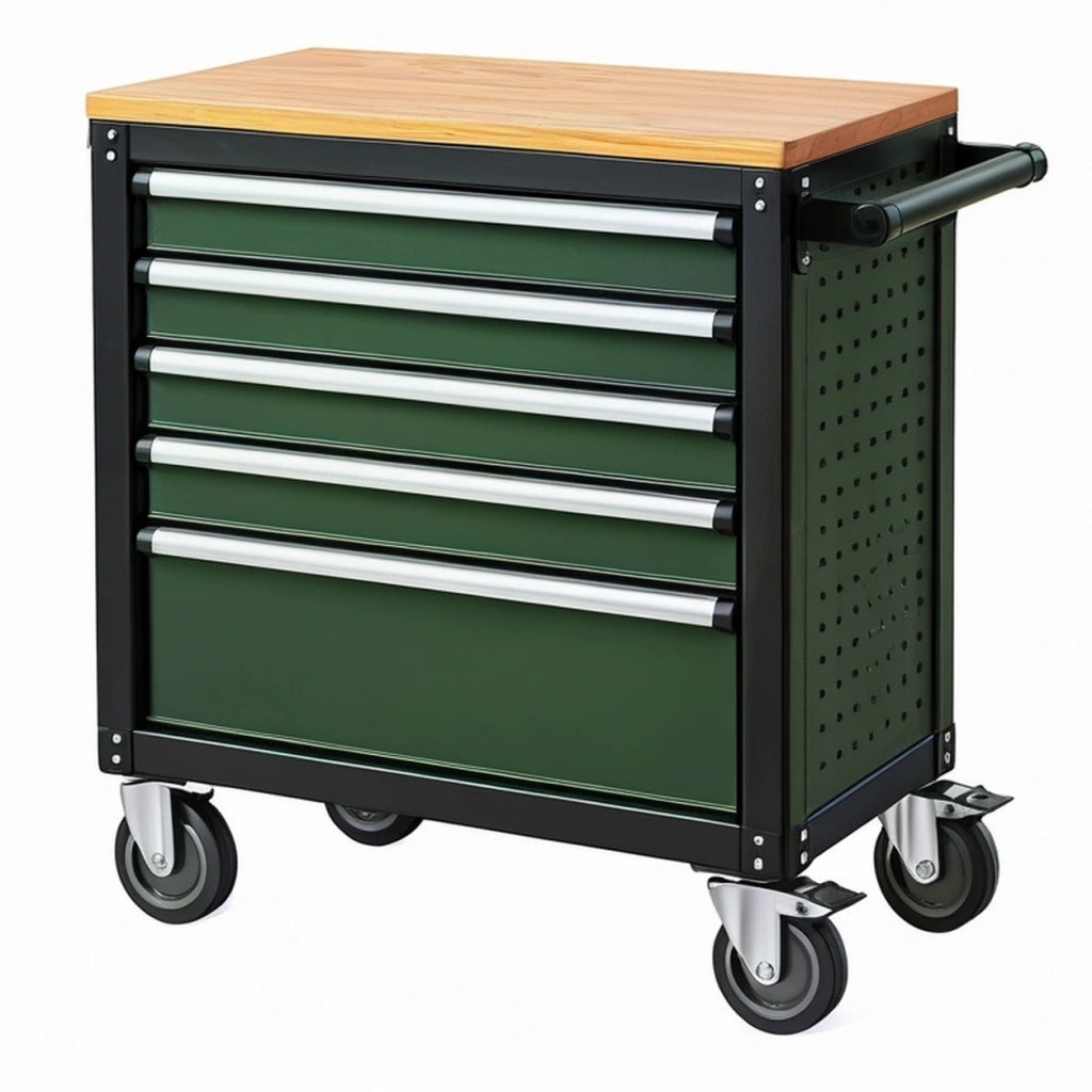 Carrello portautensili 80 x 45 x 95 cm in acciaio verde con piano in legno e 5 cassetti