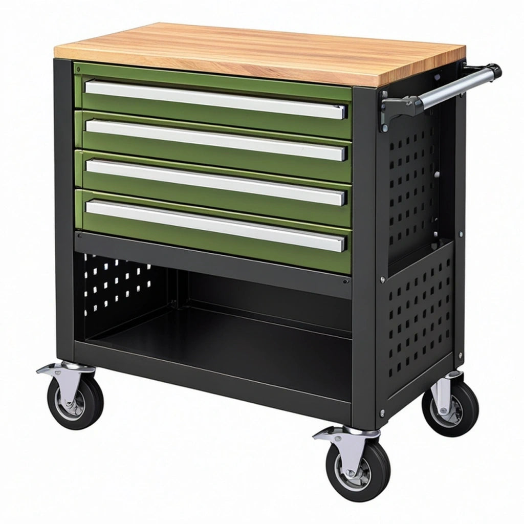 Carrello portautensili 80 x 45 x 95 cm in acciaio verde e nero con piano in legno - 5 cassetti per officina