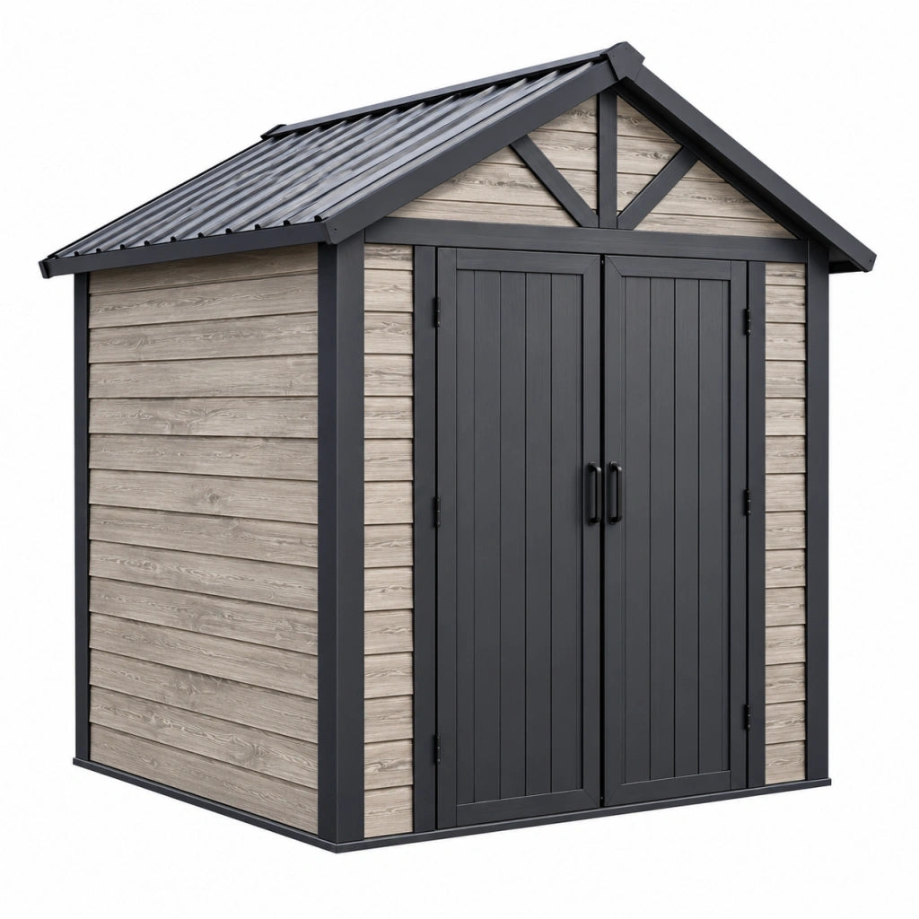 Casetta da giardino 180 x 120 x 210 cm in pannelli sintetici effetto legno grigio con telaio nero e doppia porta