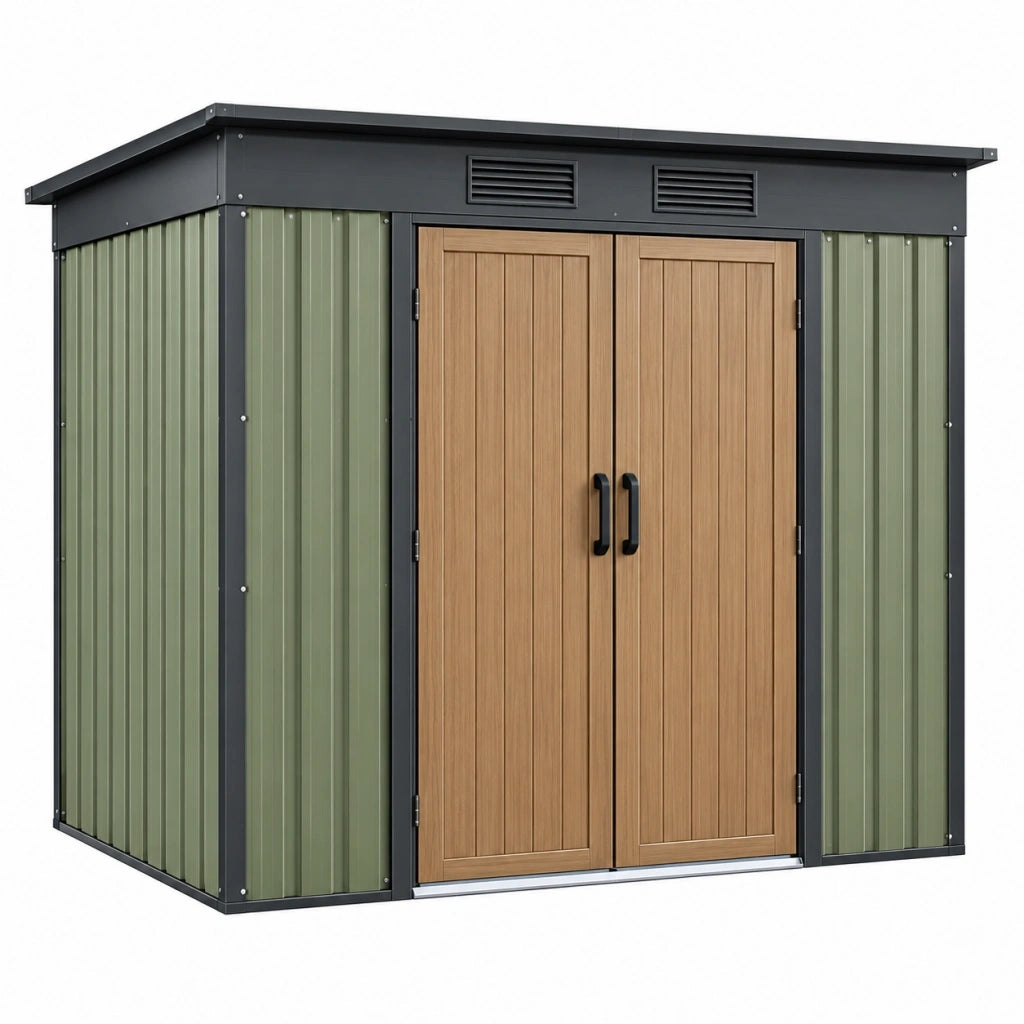 Casetta da giardino 213 x 127 x 185 cm in acciaio verde nero e marrone con doppia porta ventilata