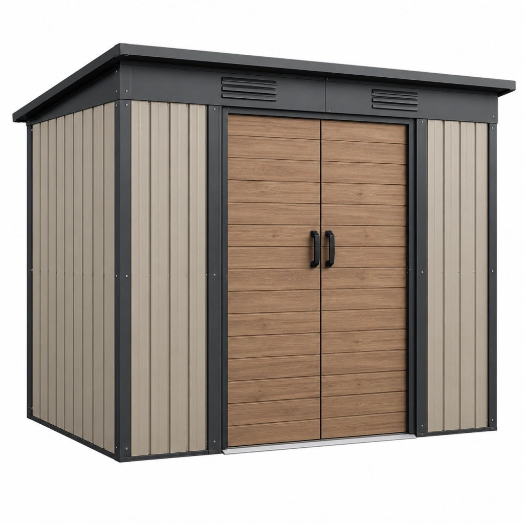 Casetta da giardino 213 x 130 x 185 cm in acciaio beige effetto legno con doppia porta