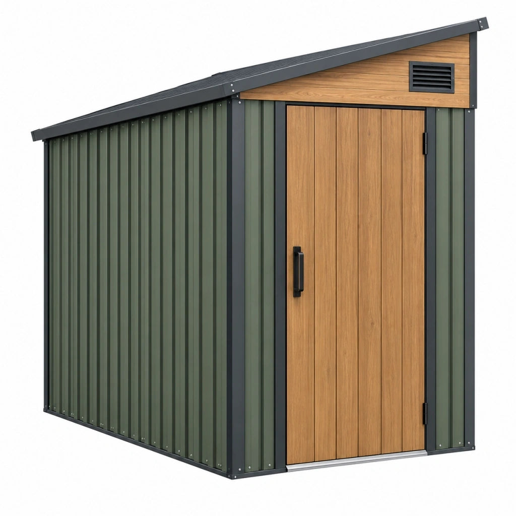 Casetta da giardino 200 x 120 x 180 cm in acciaio verde con porta effetto legno
