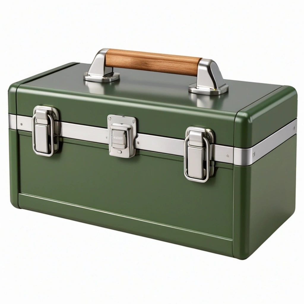 Cassetta portautensili 45x25x25 cm in metallo verde con maniglia in legno