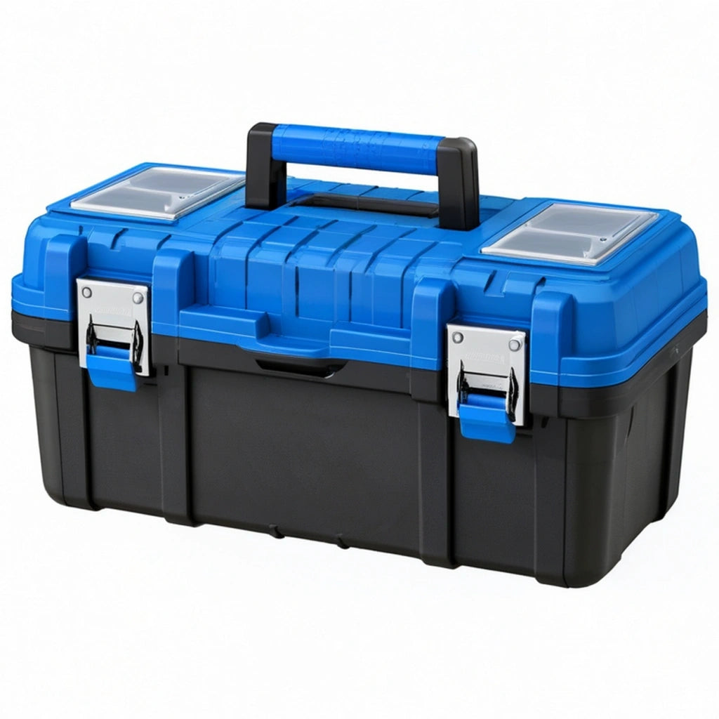 Cassetta portautensili 50 x 25 x 25 cm in plastica blu e nera con chiusure metalliche