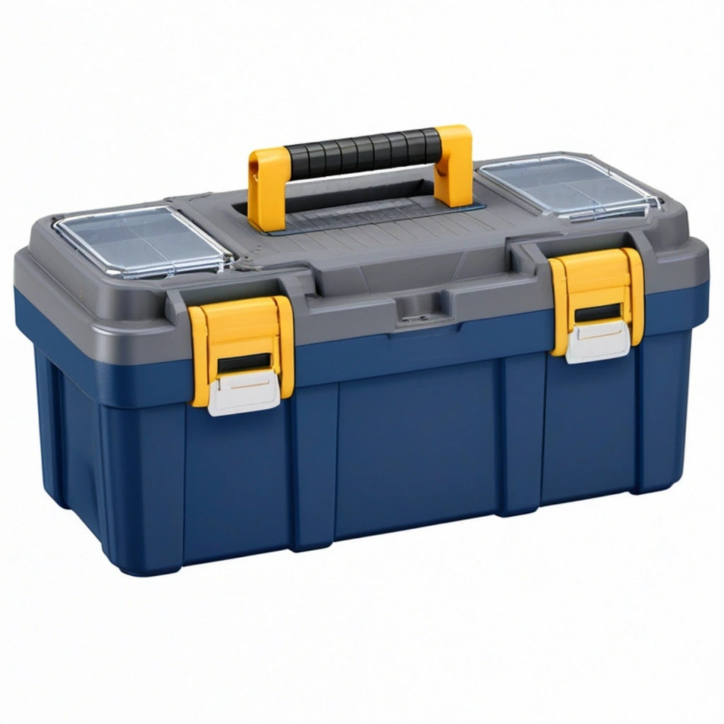Cassetta portautensili 50 x 28 x 25 cm in plastica blu e grigia con scomparti trasparenti e maniglia