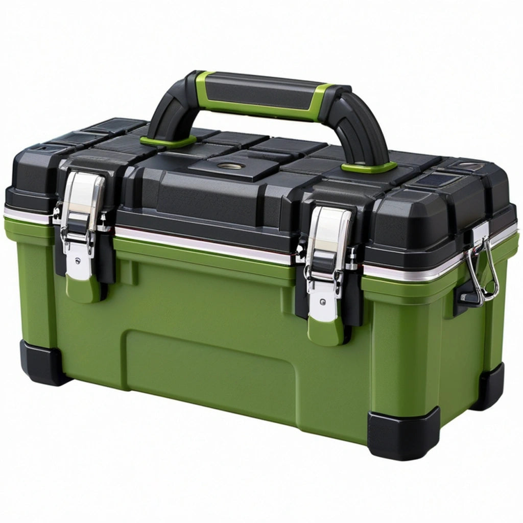 Cassetta portautensili 50 x 25 x 28 cm in plastica verde e nera con chiusure metalliche