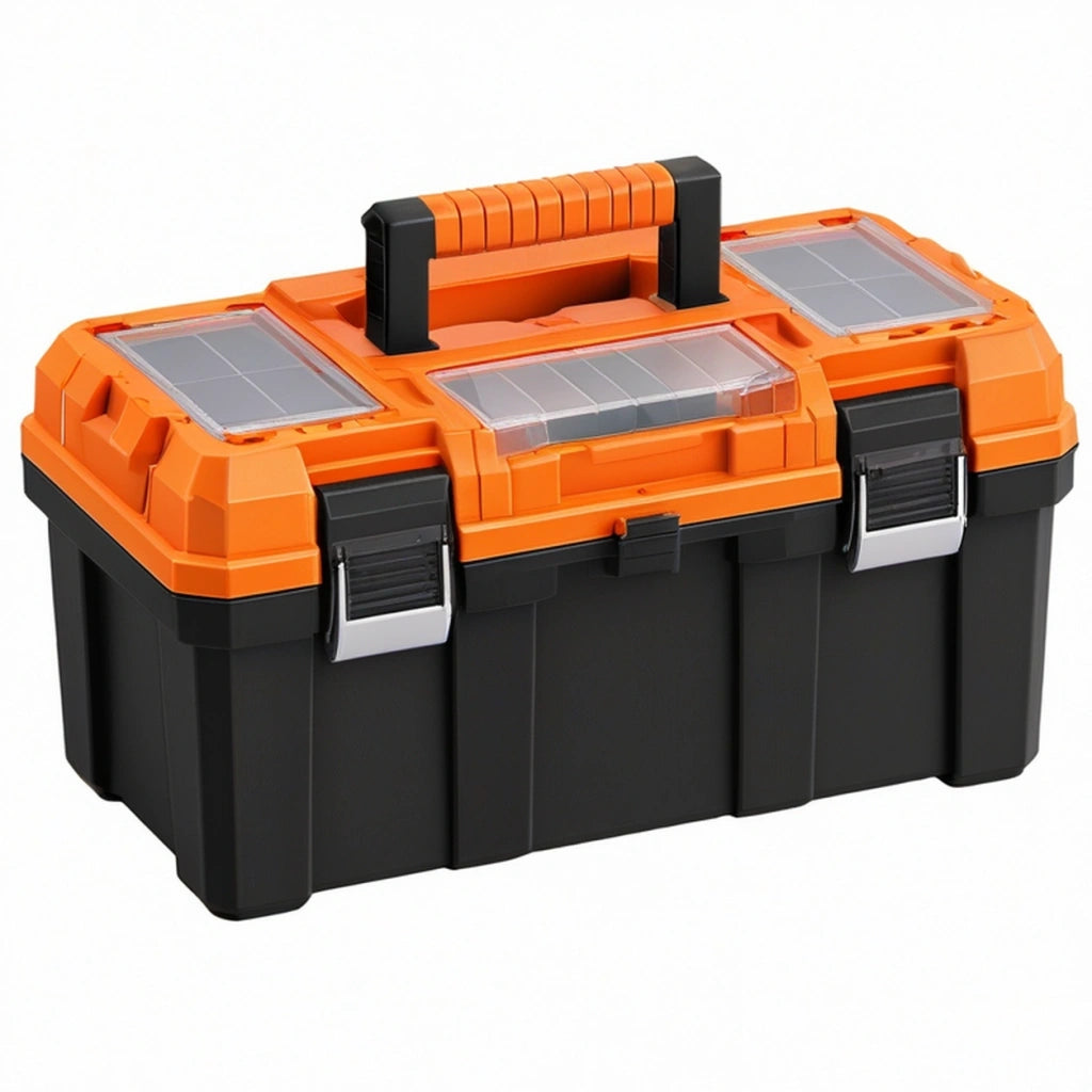 Cassetta portautensili 56 x 31 x 26 cm in plastica arancione e nera con scomparti trasparenti