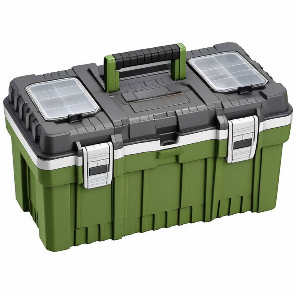 Cassetta portautensili 52 cm in plastica verde e grigia con maniglia e vani sul coperchio